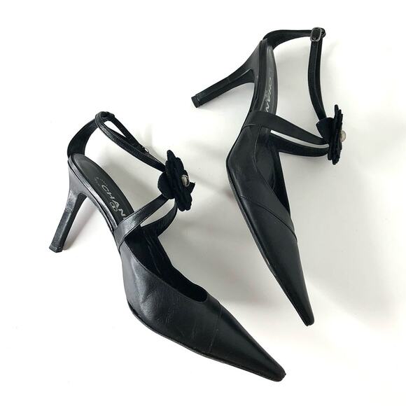 Chanel Retro Vintage CC Logo Camellia Slingback Ankle Strap Pointed Toe Pumps 40 - Picture 7 of 12